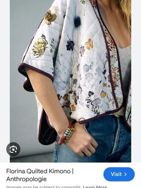 Anthropologie Cream Quilted Kimono with Plum Trim and Watercolor Florals